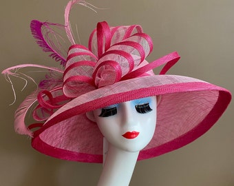 Hot/Light Pink Church Carriage Kentucky Derby Hat W Shades Pink Sinamay Bow & Multi-color Feathers. Mother Day Race Wedding Tea Ascot Hat