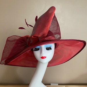 Burgundy Organza Wide Brim Derby Hat: Ascot Tea Party Dress Hat
