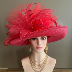 Red Large Wide Brim Sinamay Kentucky Derby Hat(G7): Netting Bow with Sinamay Flower image 4