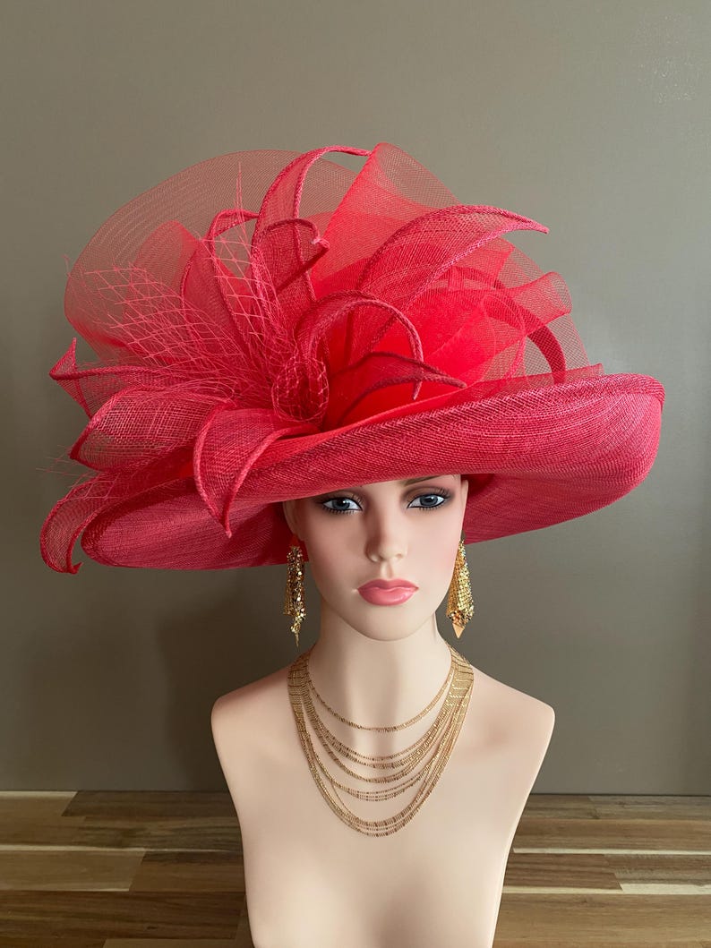Red Large Wide Brim Sinamay Kentucky Derby Hat(G7): Netting Bow with Sinamay Flower image 4