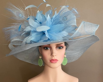 Powder Blue Wide Brim Sinamay Derby Hat(g6): Feather Flower Church Hat