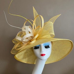 Yellow Wide Brim Church Carriage Kentucky Derby Hat with Large Bow and Ivory/Cream/Yellow Sinamay Flower. Easter Bridal Couture Tea Race Hat