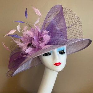 Light Purple/Lavender/Mauve Kentucky Derby Hat W Netting Bow & Shades purple Feather Flowers. Mother Day Race Wedding Hat image 1