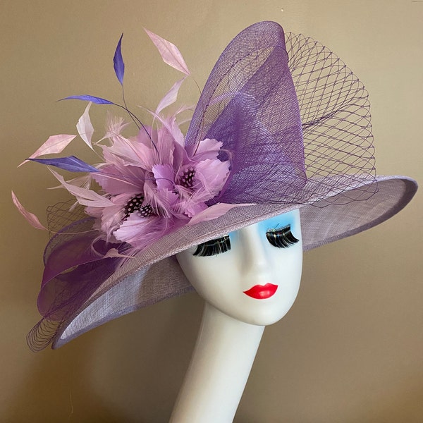 Ready to Ship: Light Purple/Lavender/Mauve Kentucky Derby Hat W Netting Bow & Shades purple Feather Flowers. Mother Day Race Wedding Hat