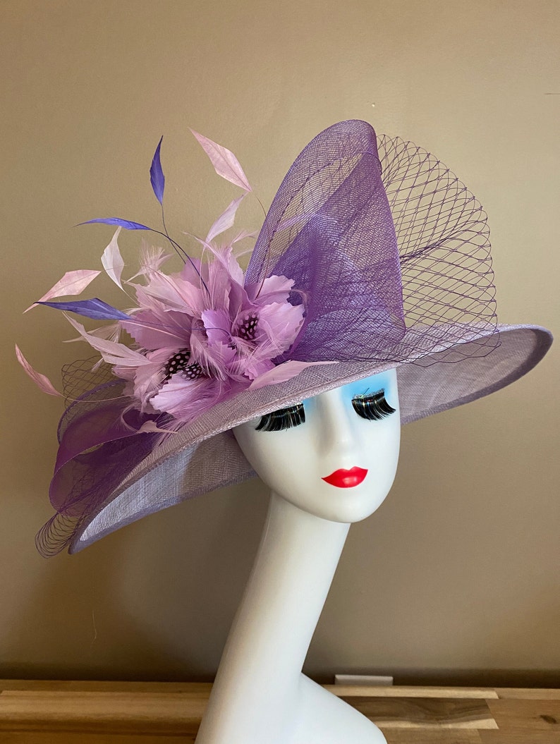 Light Purple/Lavender/Mauve Kentucky Derby Hat W Netting Bow & Shades purple Feather Flowers. Mother Day Race Wedding Hat image 1