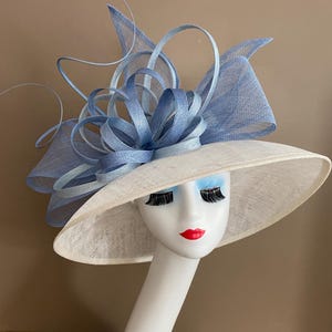 Ivory Wide Brim Sinamay Derby Hat with Blue Bow