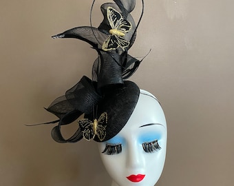 Black Church Carriage Kentucky Derby Fascinator with Stunning Bow and Gold/Black Butterflies.  Mother&#39;s Day Easter Wedding Tea Race Hat