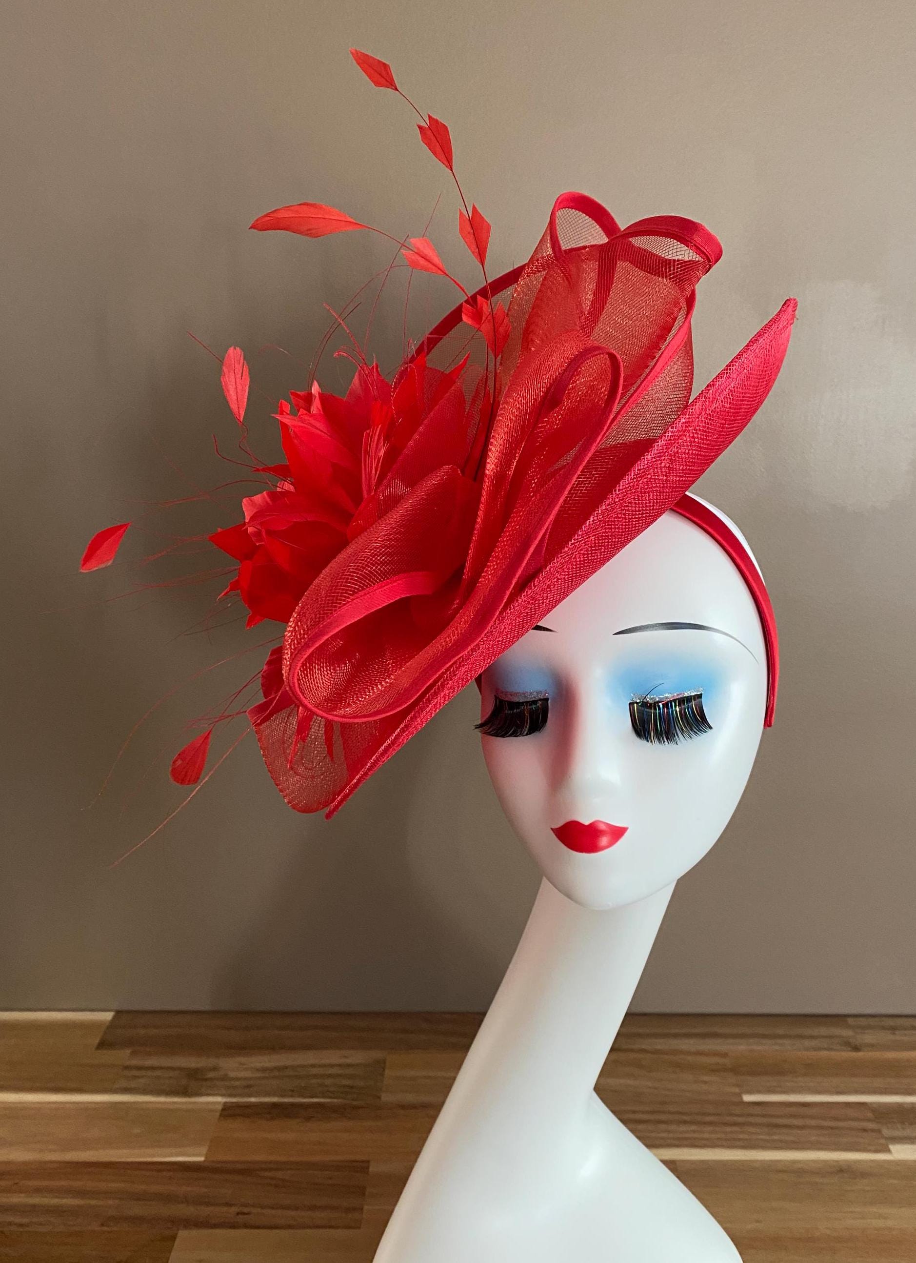 Red Sinamay Kentucky Derby Fascinator(m3): Feather Flower  display picture 1