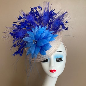 Light Pink Church Carriage Kentucky Derby Fascinator W Stunning Mixed Blue/Peacock Feather Flower. Mother Day Race Tea Easter Wedding Hat