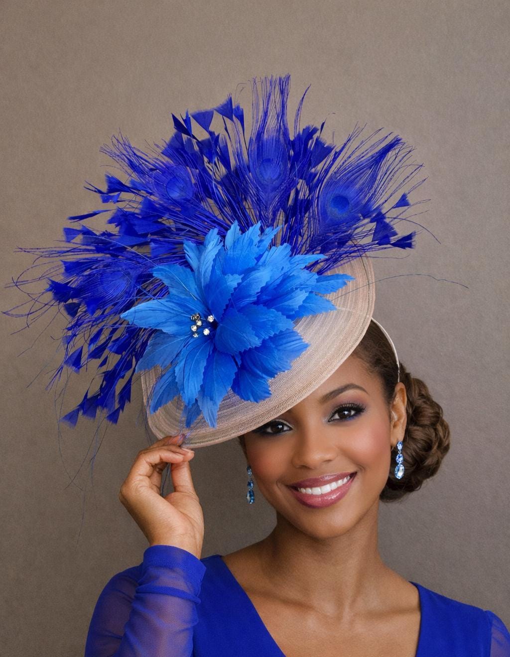 Kentucky Derby UK Blue Floral Feather Blue Facinator Headwear Tea Church Hat New kentucky derby hat fascinator royal blue satin with netting  main image 4