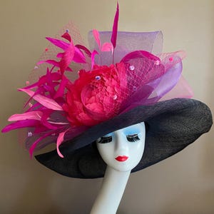 Dark Navy Wide Brim Church Carriage Kentucky Derby Hat W Pink/Purple Bow & Mix Pink/Fuchsia Feather Flower. Mother Day Race Tea Wedding Hat