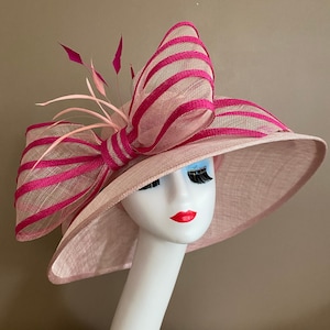 Baby Pink Wide Brim Church Carriage Kentucky Derby Hat with Pale/Hot Pink Sinamay Bow. Easter Wedding Tea Party Race Hat.  Mother's Day Hat.