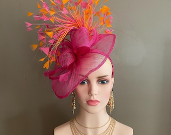 Hot Pink/Orange Sinamay Fascinator, Handmade Derby Hat, Ascot Race Tea Party