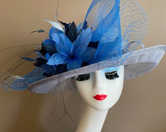 Blue Sinamay Kentucky Derby Hat(g4): Feather Flower Tea Party Hat