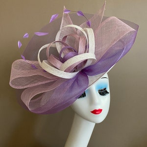 White Sinamay Carriage Church Fascinator with White/Purple/Lilac Bow and Flowers. Kentucky Derby Hat. Easter Wedding Tea Race Ascot Hat