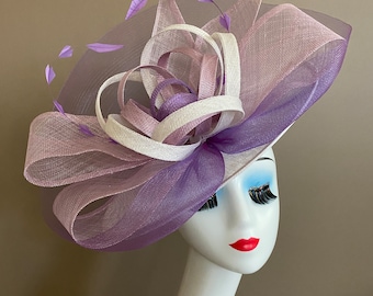 White Sinamay Carriage Church Fascinator with White/Purple/Lilac Bow and Flowers. Kentucky Derby Hat. Easter Wedding Tea Race Ascot Hat