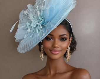 Powder Blue Sinamay Fascinator: Kentucky Derby Race Hat with Feather Flower