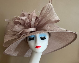 Taupe Wide Brim Church Carriage Kentucky Derby Hat W Sinamay Bow & Large Taupe Feather Flowers. Mother Day Easter Tea Race Wedding Hat