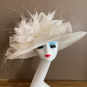 Ivory White Wide Brim Sinamay Derby Hat: Feather Flower Church Hat