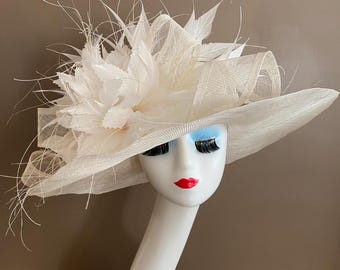 Extra Large White Derby Hat: Feather Flower, Mother of the  display picture 2
