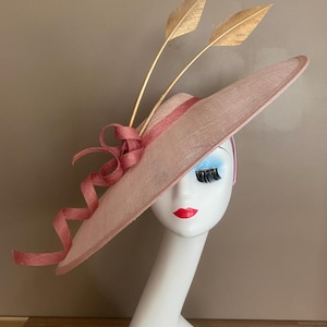 Blush Pink Kentucky Derby Hatinator: Gold Feather Sinamay Fascinator