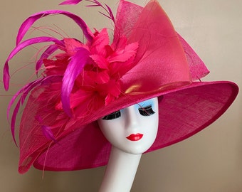 Fuchsia Wide Brim Sinamay Kentucky Derby Hat W Large Bow and Hot Pink/Fuchsia Red Feather Flower. Mother's Day Easter Wedding Tea Church Hat