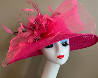 Fuchsia/Hot Pink Church Carriage Kentucky Derby Hat W Netting Bow & Shades Pink Feather Flower. Mother Day Easter Ascot Wedding Tea Race Hat