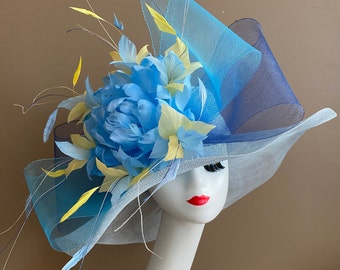 Ready to Ship: Powder Blue Wide Brim Church Carriage Kentucky Derby Hat W Netting Bow & Blue/Yellow Feather Flowers. Race Wedding Tea Hat