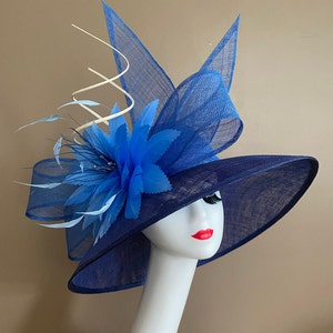Midnight Blue Wide Brim Church Carriage Kentucky Derby Hat with Large Bow and Blue Feather Flowers. Navy Mother's Day Easter Tea Race Hat.
