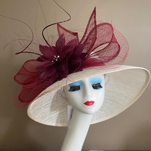 Wide Brim Sinamay Derby Hat: Ivory, Maroon Feather Flower