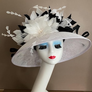 Kentucky Derby Church Hat: Black & White Feathered Sinamay Race Day Hat