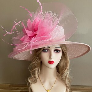 Blush Pink Sinamay Derby Hat: Wide Brim, Feather Flowers