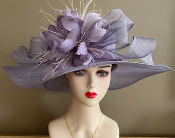 Violet/Light Purple Wide Brim Sinamay Church Kentucky Derby Hat with Light Violet Sinamay Bow and Soft Purple/Lilac Blooming Feather Flower