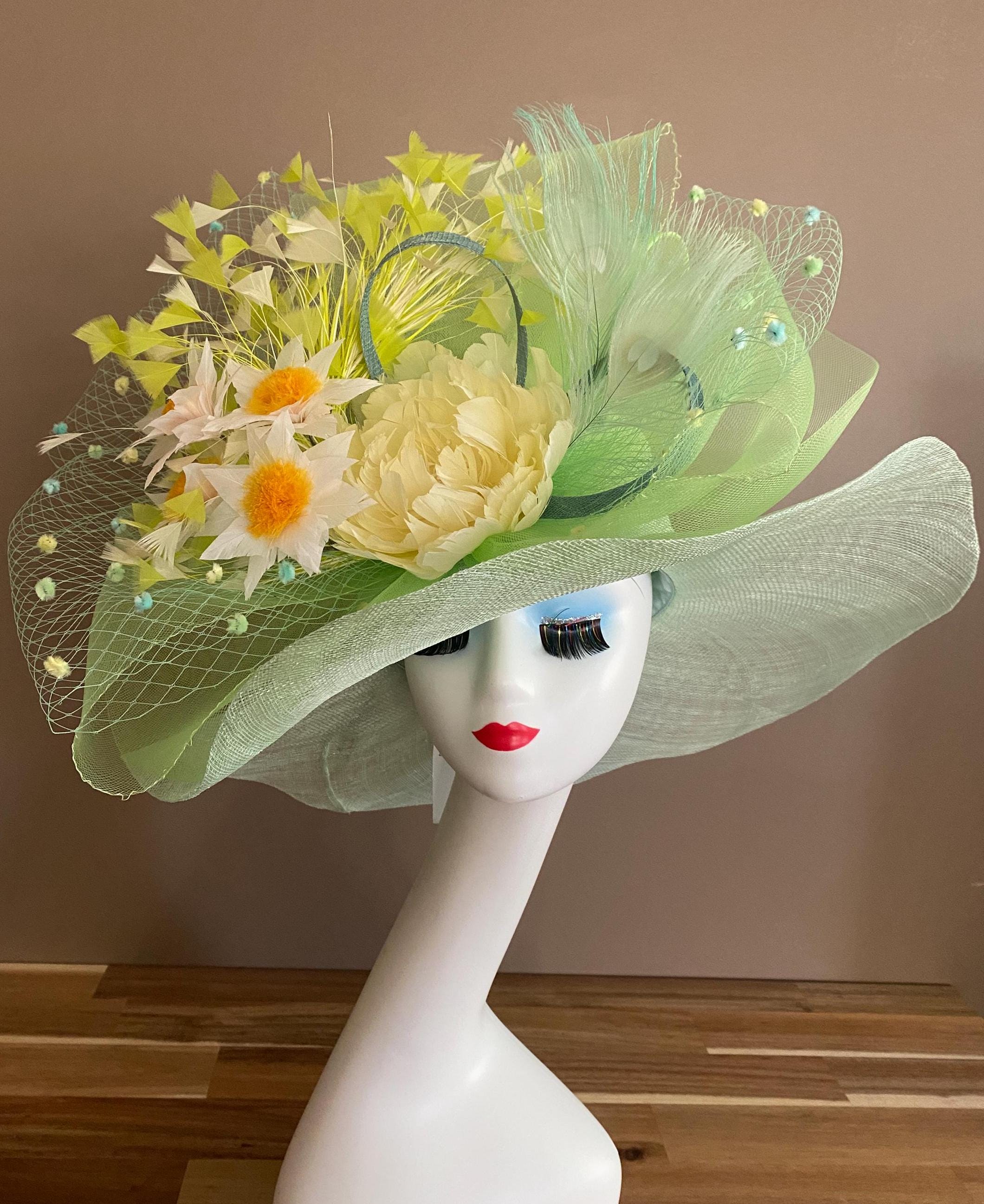 Derby Hat ? Macy\'s Mint Green Woven Sun Hat with Floral Accent M509 ( Turquoise Hat ) Kentucky Derby Hat, Church Hat  main image 3