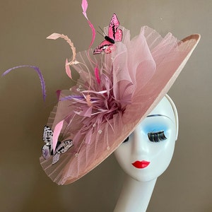 Large Pale Pink Church Carriage Kentucky Derby Fascinator W Mauve Pink Netting Bow & Multicolor Feather Flower. Mother&#39;s Day Wedding Tea Hat