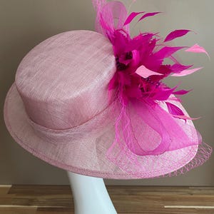 May include: A pink straw hat with a wide brim and a pink feather and net embellishment.