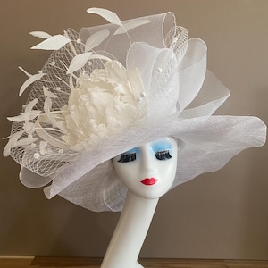 White Wide Brim Kentucky Derby Hat: Feather Flower & Sinamay Bow