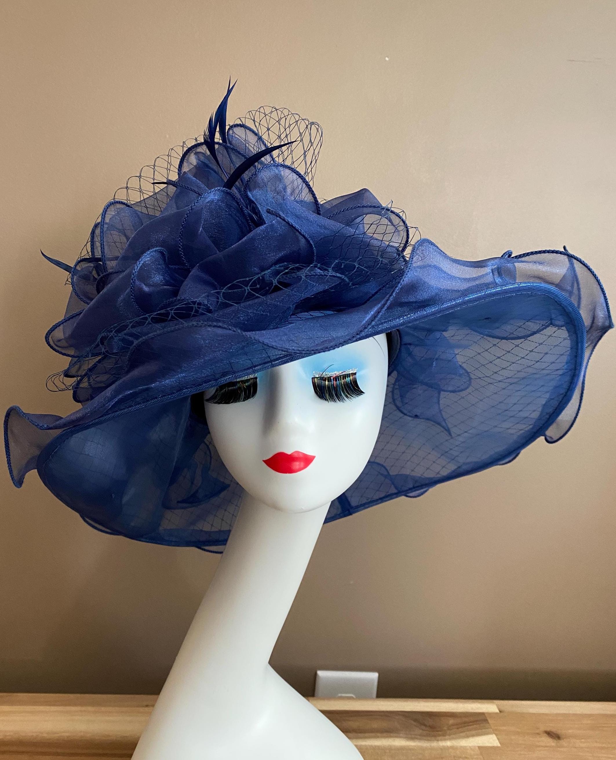 Elegant Custom-made Kentucky Derby Hat - Navy and Multicolor Couture hat. Designer hat. Kentucky Derby hat. Navy hat  main image 3