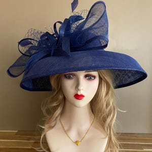 Navy Blue Kentucky Derby Hat W Sinamay Bow & Rhinestones and Feathers. Mother Day Race Easter Church Wedding Oaks Day Hat