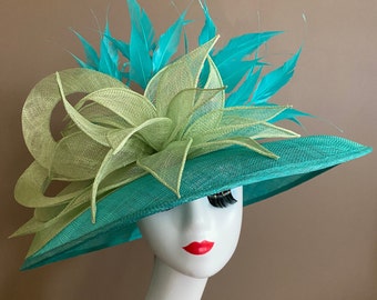 Green Church Carriage Kentucky Derby Hat W Lime/Blue Green Large Bow & Flower. Sinamay cartwheel Vintage hat. Mother Day Easter Wedding Hat