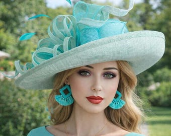 Aqua Sinamay Kentucky Derby Hat(g9): Peacock Green Bow Race Day Church Hat