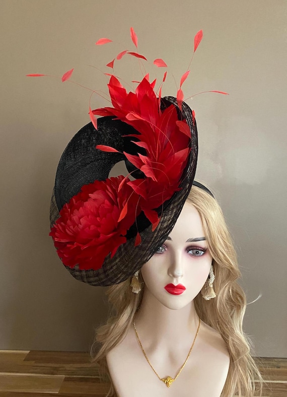 Red Feather Bloom Fascinator – Black Crimson Striped Sinamay KY Derby Headpiece ANIMAL PRINT KENTUCKY DERBY HAT WITH RED BLOOM – The Hat Hive main image 3