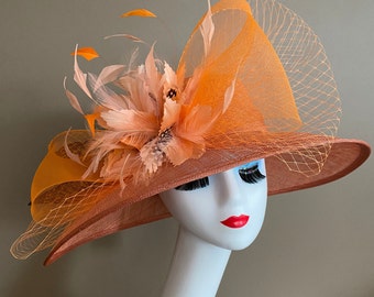 Copper Church Carriage Kentucky Derby Hat W Orange Netting Bow & Multicolor Feather Flowers. Mother Day Race Wedding Hat