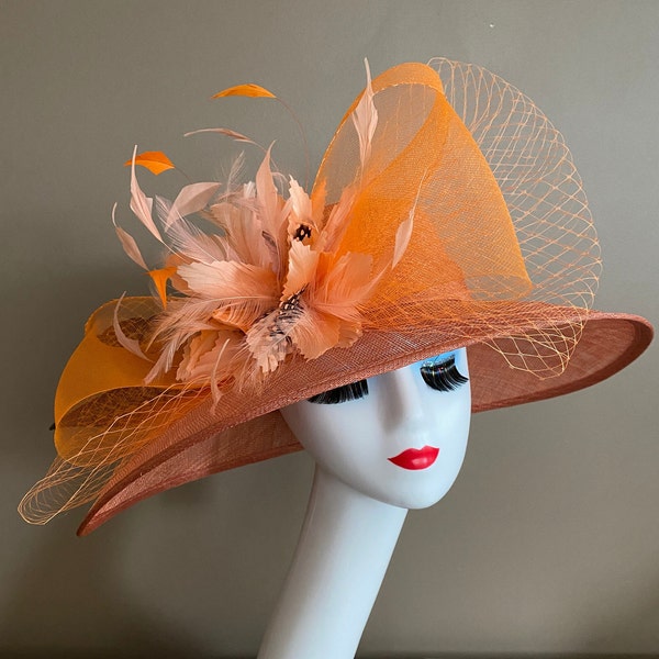 Copper Church Carriage Kentucky Derby Hat W Orange Netting Bow & Multicolor Feather Flowers. Mother Day Race Wedding Hat