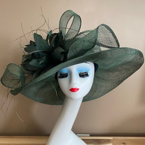 Emerald/Dark Green Wide Brim Church Carriage Kentucky Derby Hat with Green Sinamay Bow and Feather Flower. Easter Race Wedding Tea Ascot Hat image 5