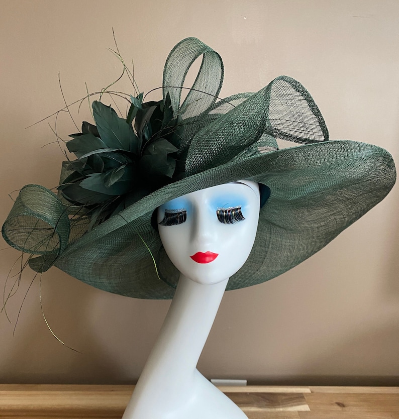 Emerald/Dark Green Wide Brim Church Carriage Kentucky Derby Hat with Green Sinamay Bow and Feather Flower. Easter Race Wedding Tea Ascot Hat image 5