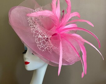 Lilac/Pink Church Carriage Kentucky Derby Fascinator with Pink Large Bow and Feather Flower. Sinamay Saucer with Upturned Brim. Race Tea Hat