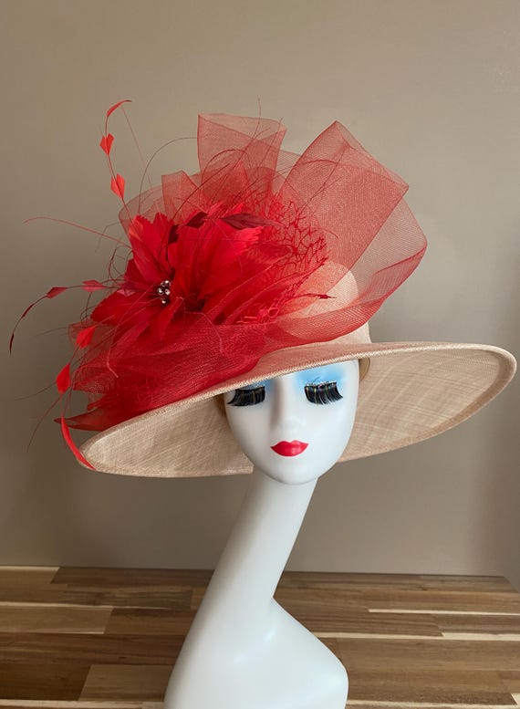 Red Wide Brim Straw Hat with Tulle Rosettes Red Straw Hat Wide Brim Flowers Perfect Summer Hat Red  main image 4