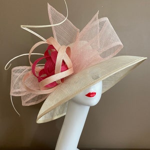 Cream/Pale Pink Carriage Church Kentucky Derby Hat with Soft Pink Bow and Shades Pink Sinamay Flowers. Easter Race Tea Hat. Mother's Day Hat