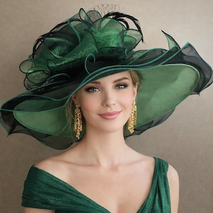 Sombrero Kentucky Derby de organza verde/negro: Sombrero para el Día del Roble en la Carrera de Caballos de la Fiesta del Té de Ascot